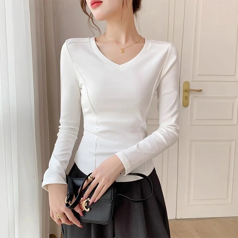 V领正肩长袖T恤女春秋季新款不规则纯欲风白色气质打底衫内搭上衣