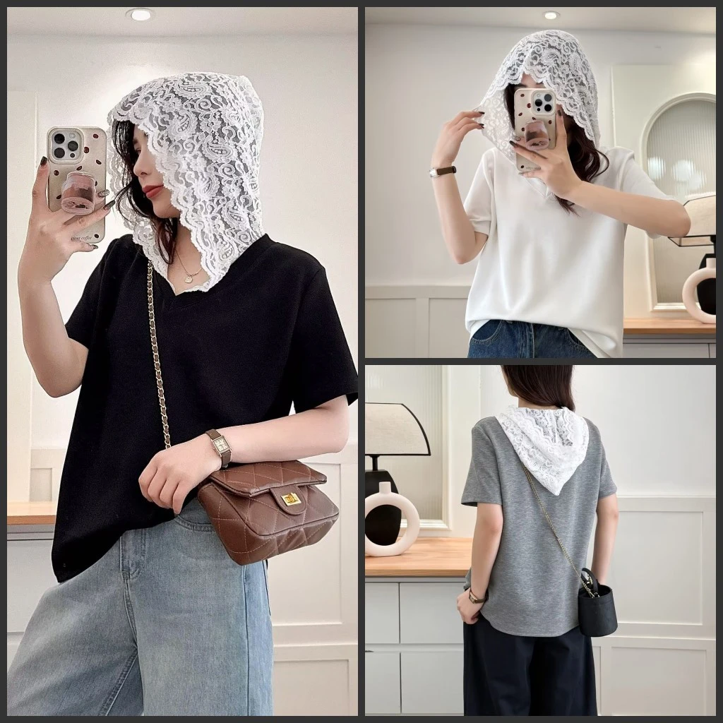 梦冬佳--100-190斤微胖大码女装洋气显瘦蕾丝帽拼接夏季短袖T恤