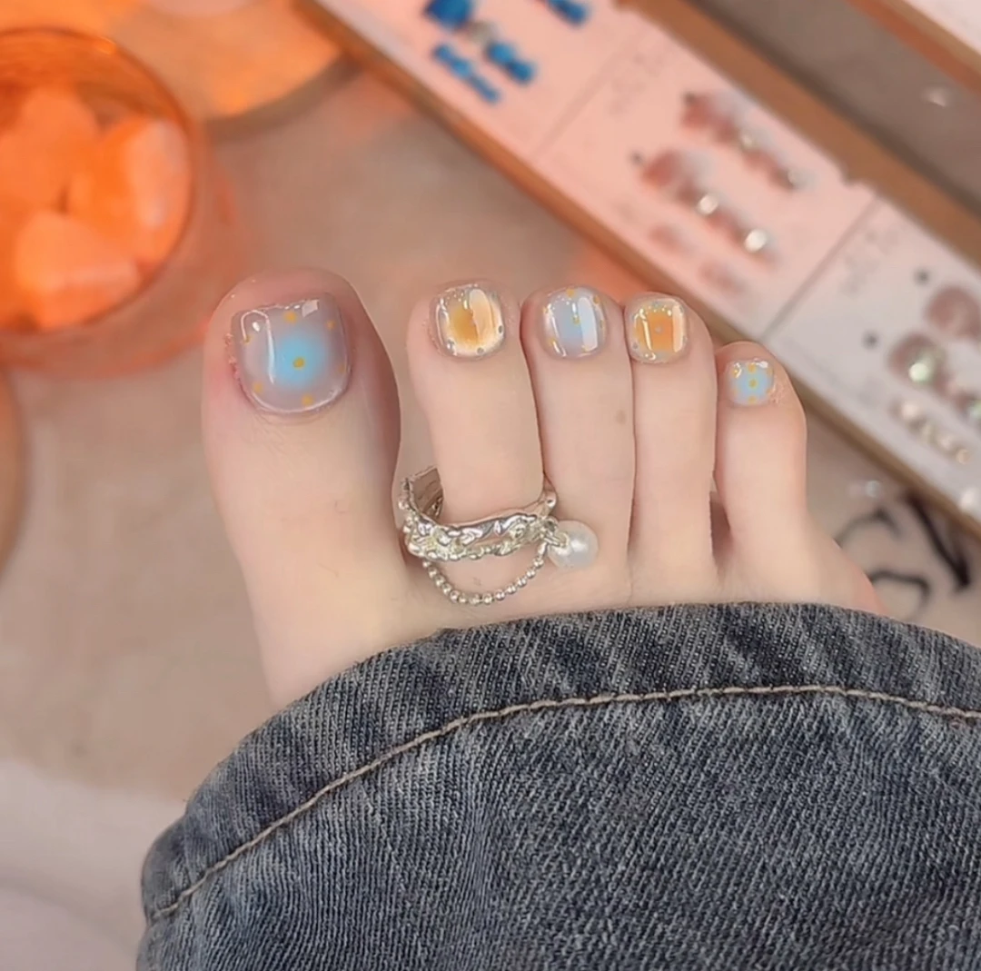 65【海盐芝士小饼干】蓝黄搭配鸳鸯甲波点猫眼纯手工穿戴甲