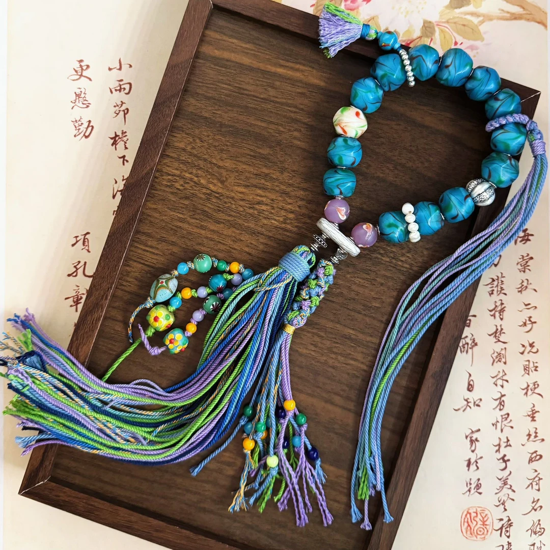 老琉璃蓝色八棱S925纯银饰手捻5110702