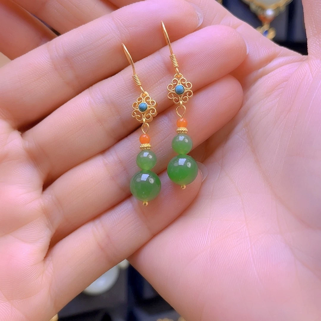 和田玉耳饰银S925镀金镶嵌