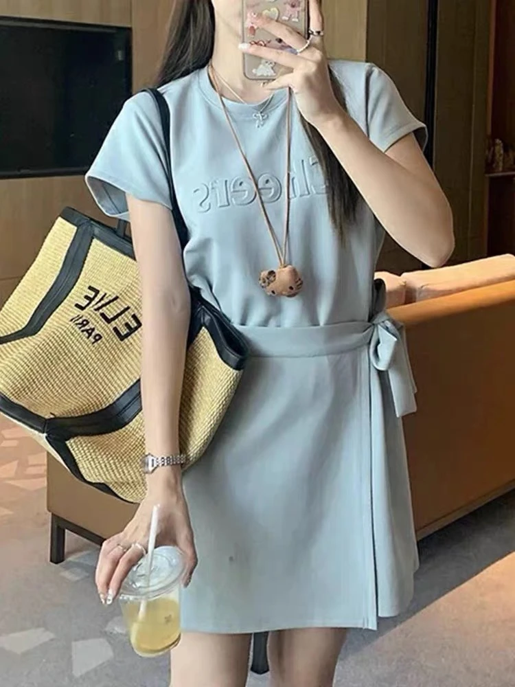 现货【小稳专属】微胖大码立体字母印花细带收腰显瘦T恤连衣裙5108