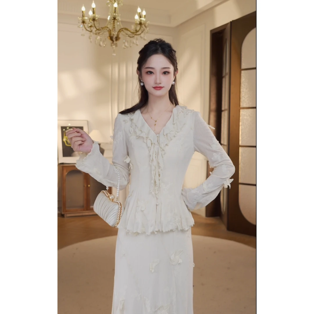 【双双&GERTCOREL】羽叠 蕾丝蝴蝶法式温柔风白色套装 GC253A3020