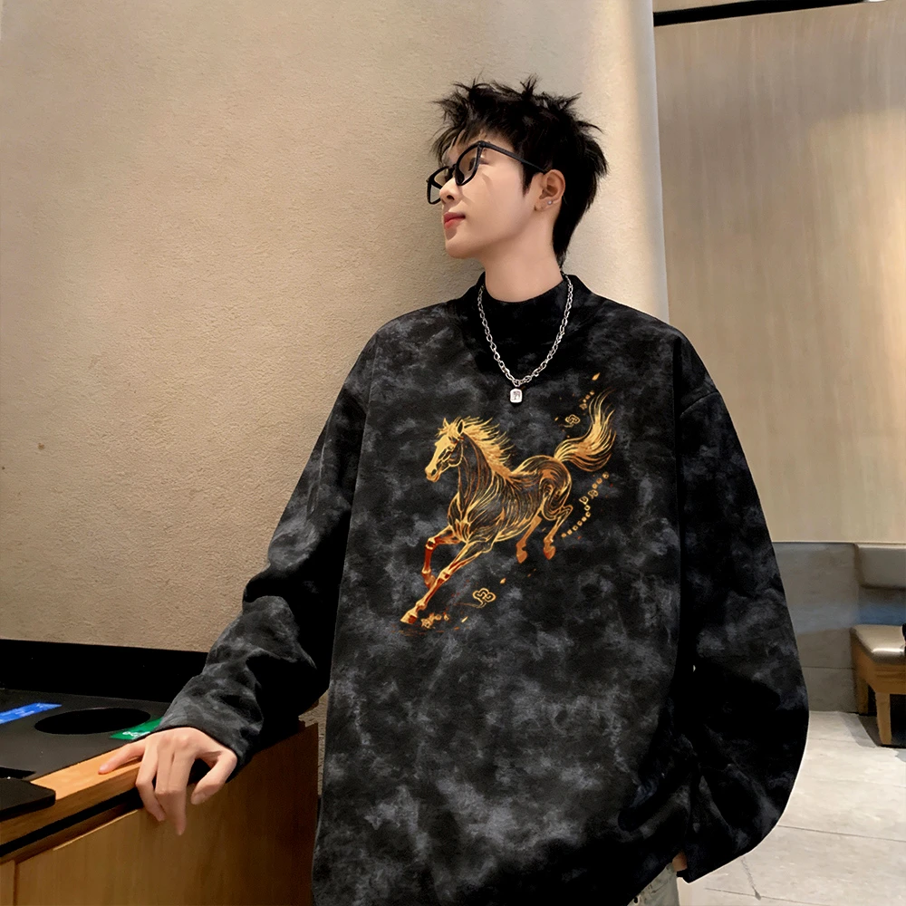 马年扎染半高领德绒本命年长袖秋冬潮牌内搭青少年宽松打底衫重磅