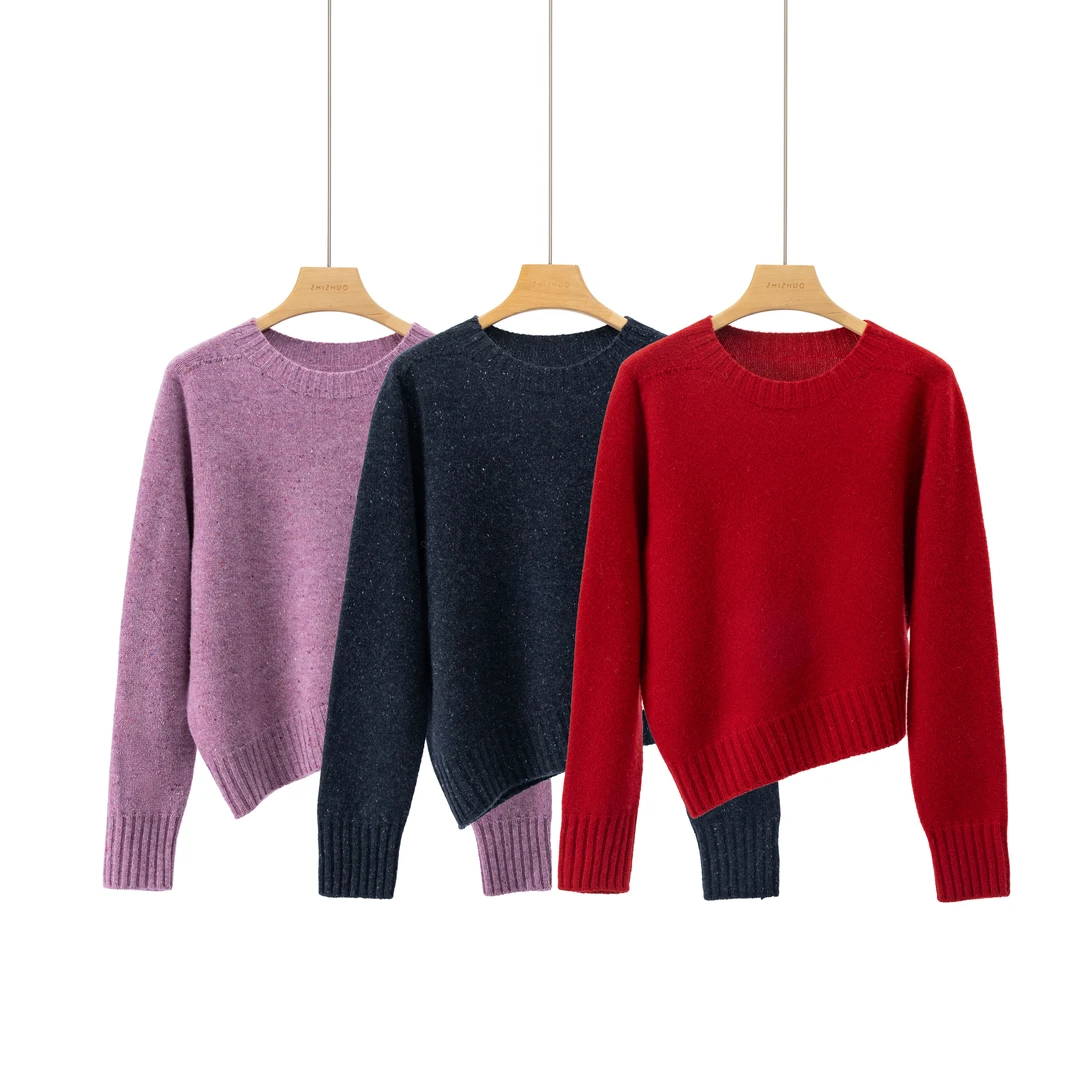 甜音少女羊毛花纱小众下摆不对称设计感圆领针织毛衣