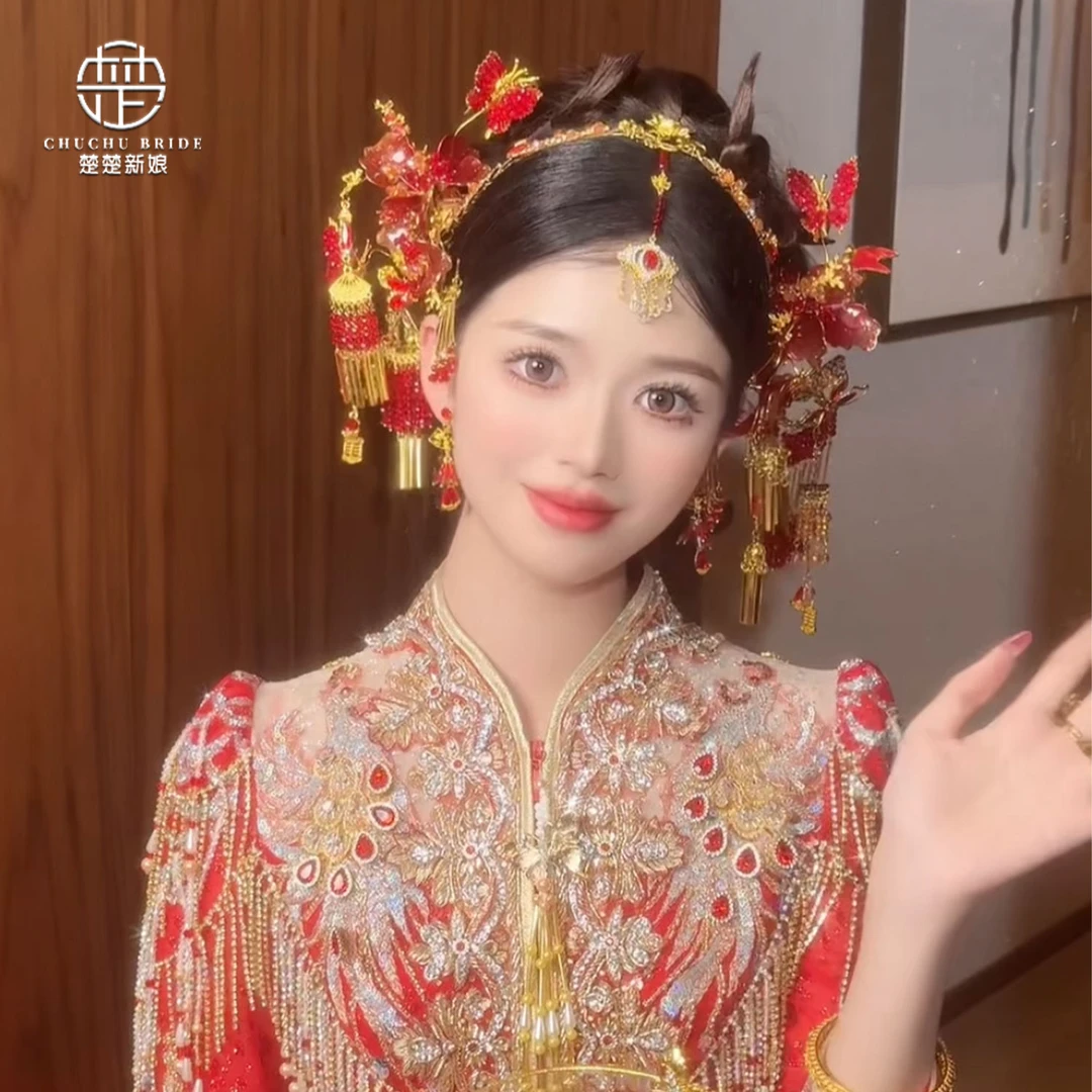 红金撞色中式新娘秀禾头饰超仙步摇发冠金色发箍眉心坠婚庆饰品女