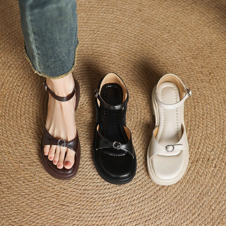 羊皮~3cm踩屎感包跟一字带凉鞋女夏季软底厚底学生百搭罗马风凉鞋