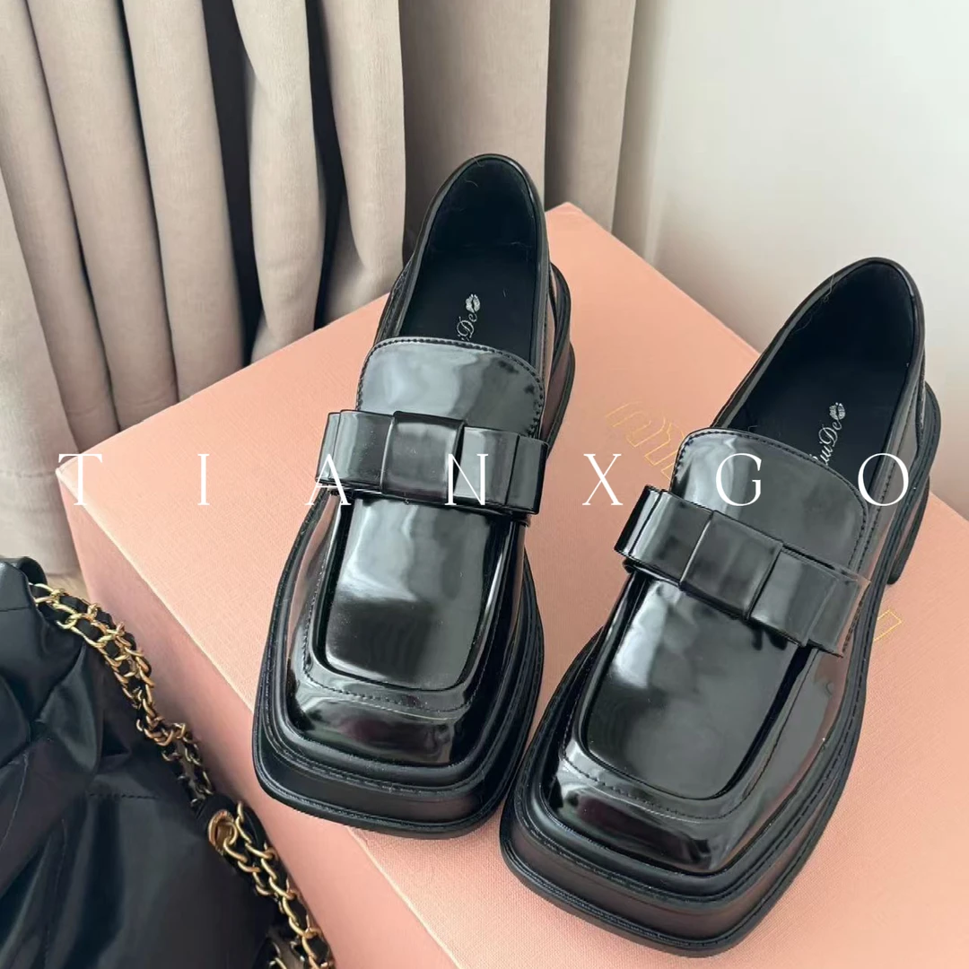 TIANXGO |25new英伦风女鞋单鞋白色蝴蝶结方头小皮鞋乐福鞋