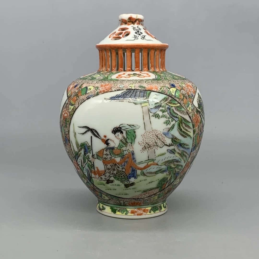 52512001*民国五彩开窗人物故事纹镂空盖罐/瓷器五/Y