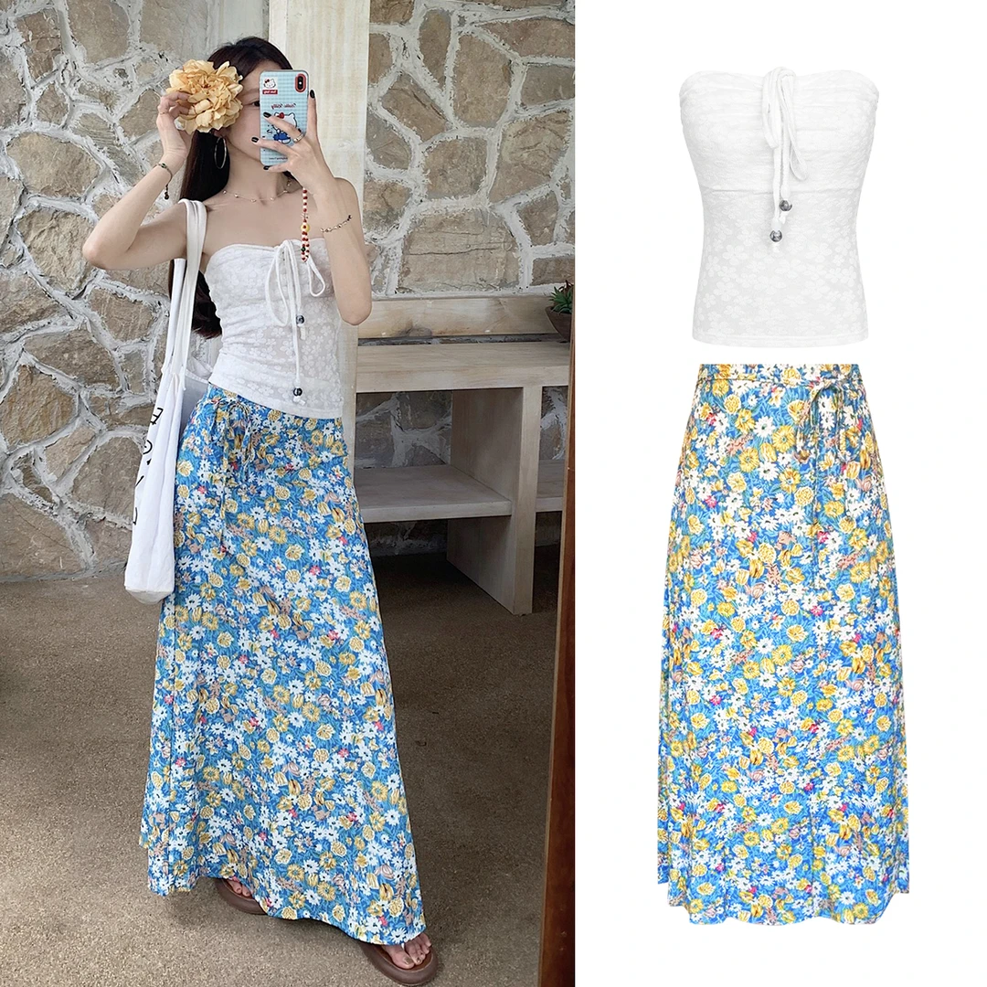 新款设计感挂脖抽绳抹胸上衣长款绑带碎花半身裙套装z535+z536
