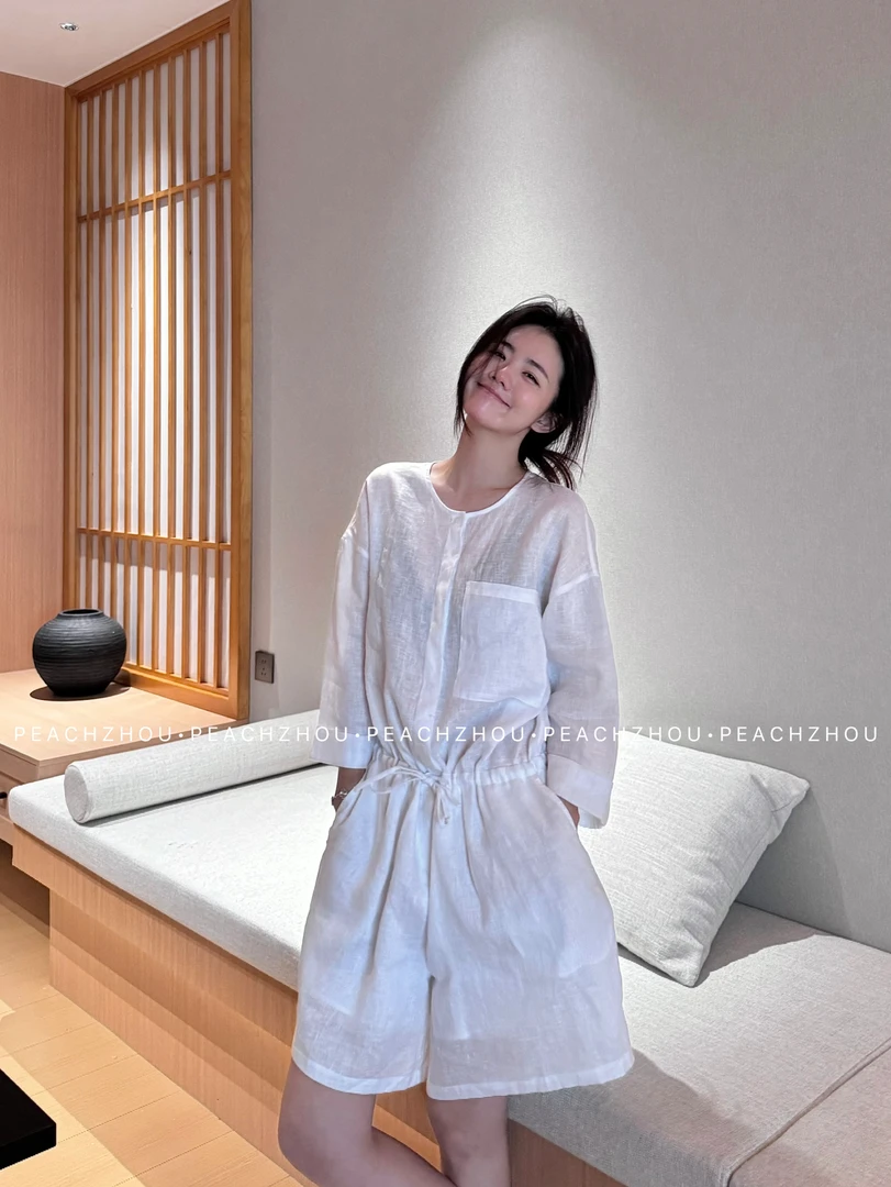 『PEACHZHOU』100亚麻贴袋圆领九分袖衬衫松驰休闲高级老钱连体短裤