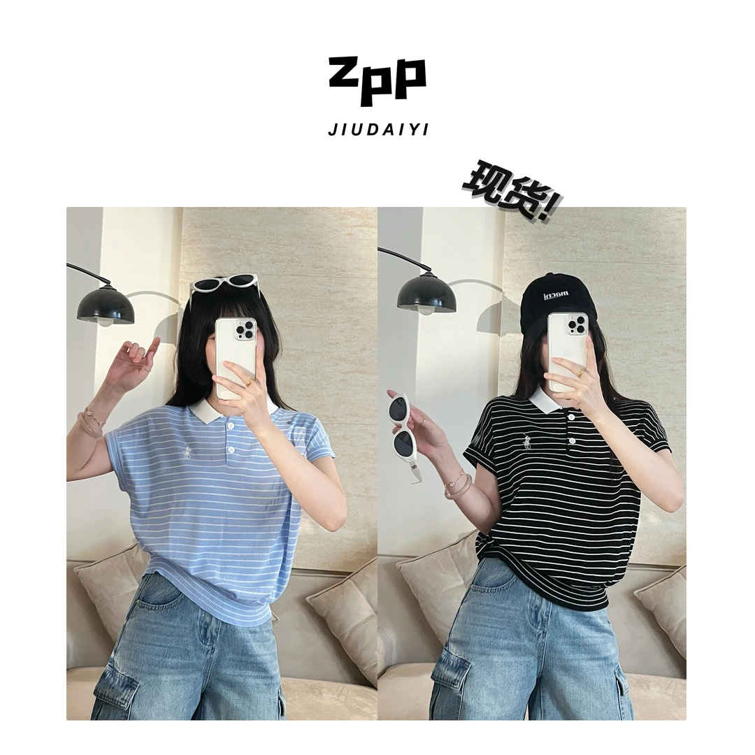 玖黛衣现货【日系条纹】新款夏季刺绣薄款显瘦条纹针织XSP40961