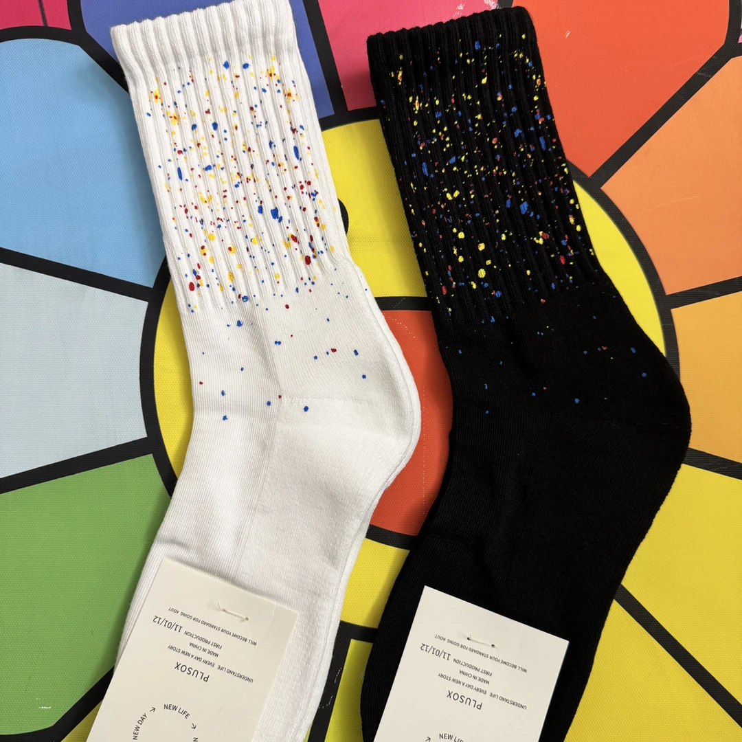 秋冬季泼墨设计时尚运动ins潮流厚款黑白毛巾袜百搭街头男女潮袜