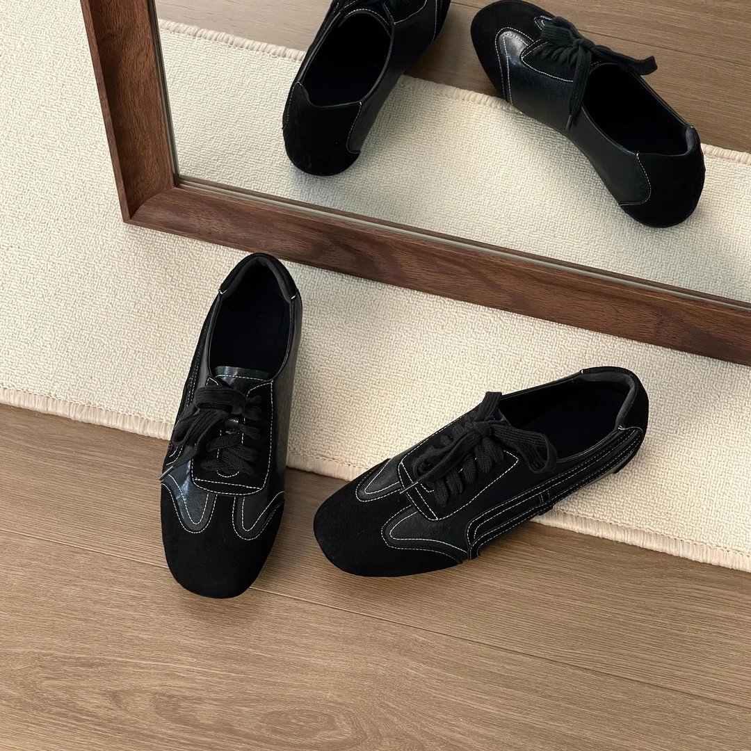 HUSSLOVE 牛皮+牛反绒·跟高3CM·复古休闲简约通勤百搭拼接德训鞋