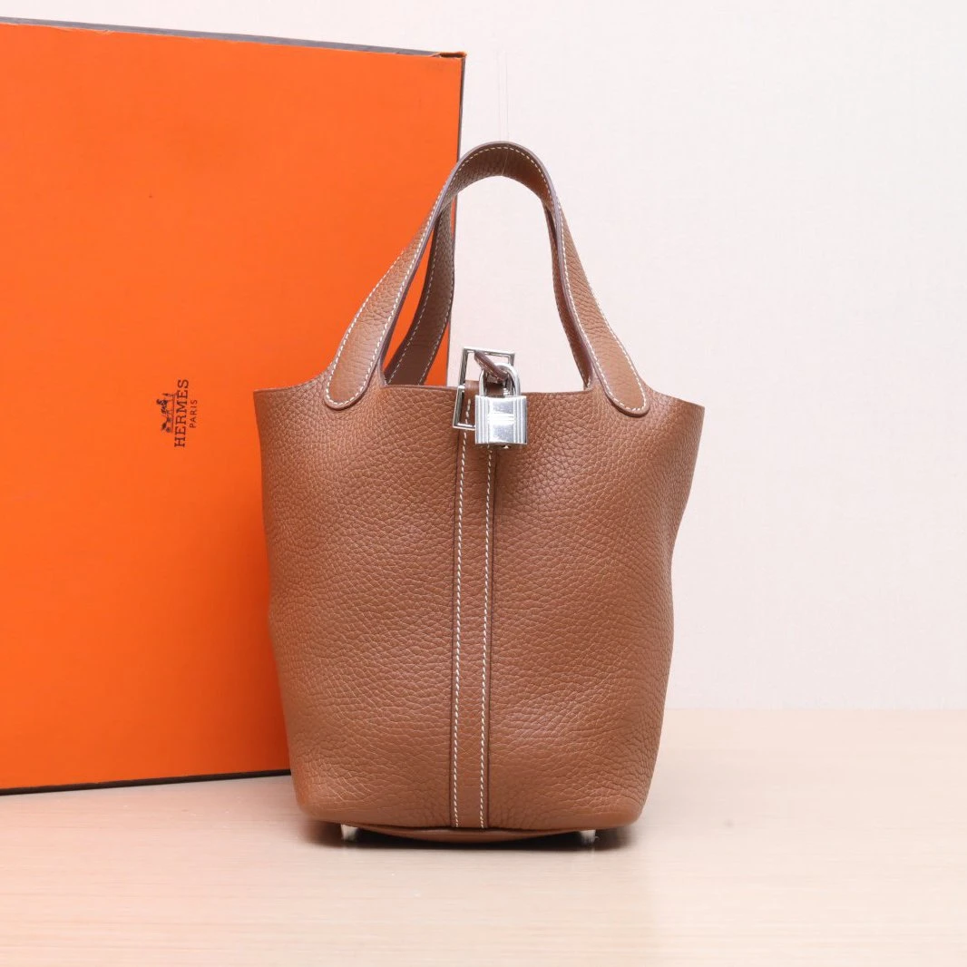 95新 Hermes/爱马仕 小花佳珊P205226899菜篮子18 金棕 Z刻