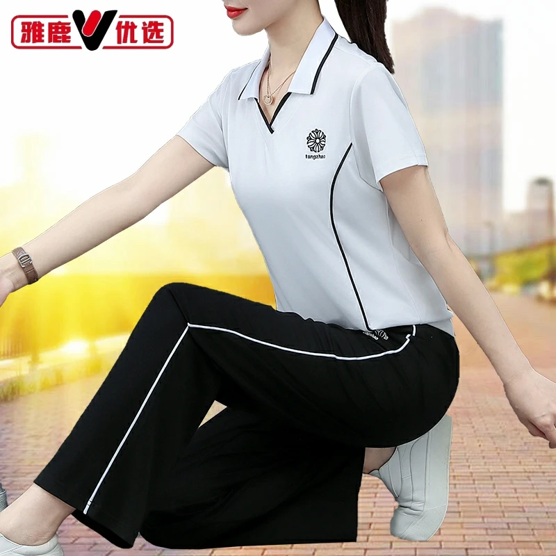 雅鹿优选冰丝运动服套装女夏季新款速干短袖休闲妈妈广场舞两件套