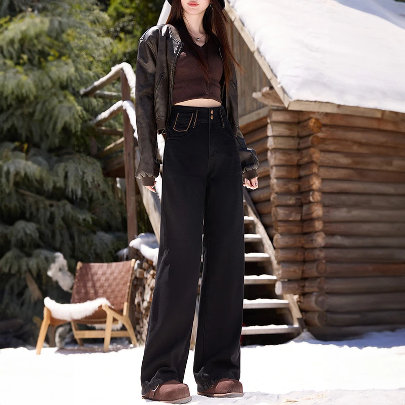 秋冬新款黑灰色窄版阔腿牛仔裤女高腰显瘦宽松直筒拖地长裤高个子