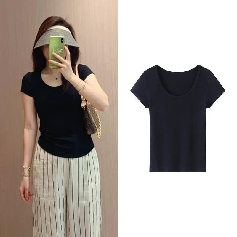 【T恤】25夏季新款简约百搭修身显瘦U领T恤打底衫短款上衣女W6085