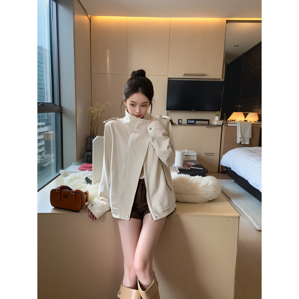 白巧恋人麂皮绒外套女秋冬季米白色设计感机车风宽松皮衣夹克上衣