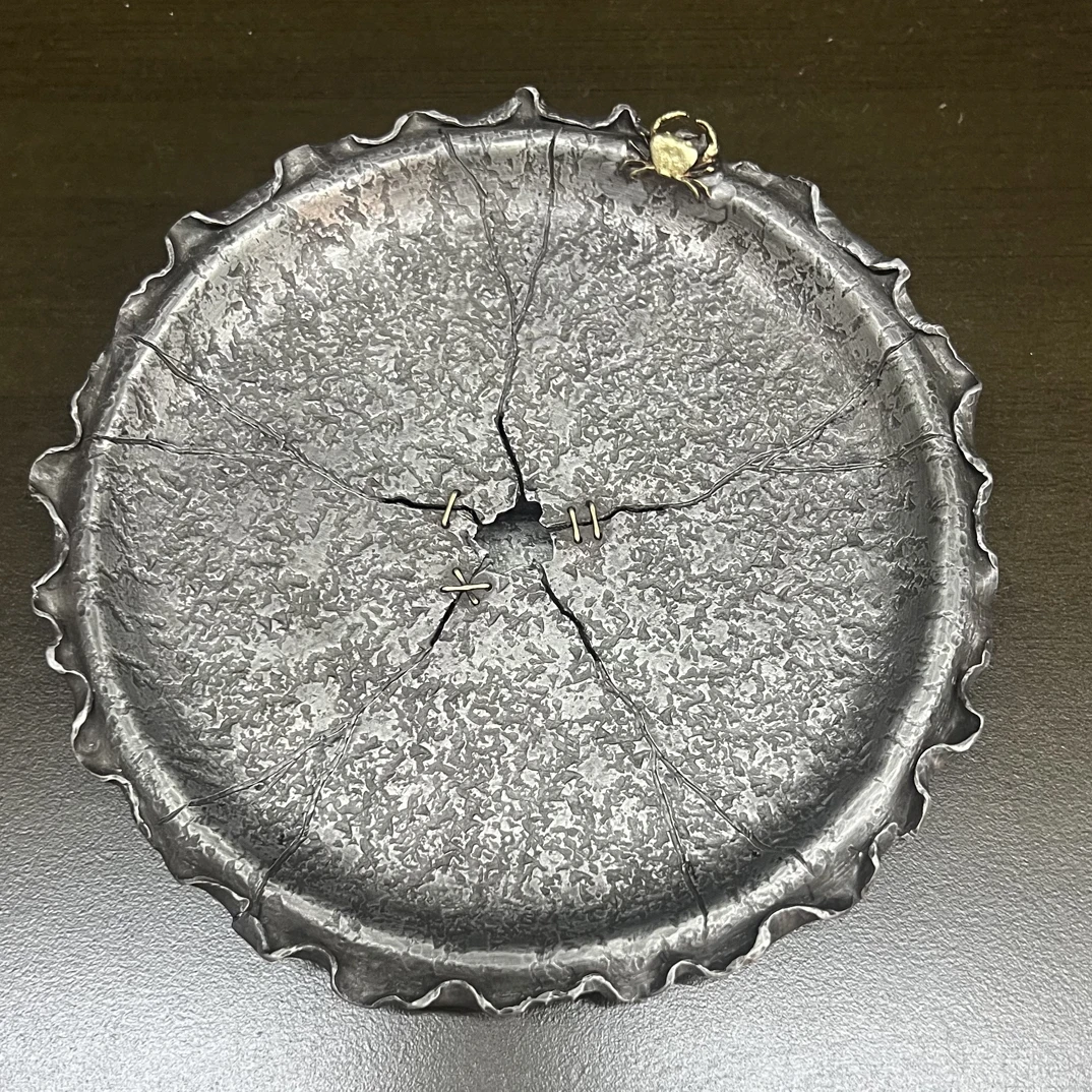 纯锡手做蓄水壶承手刻荷叶双层尺寸15
