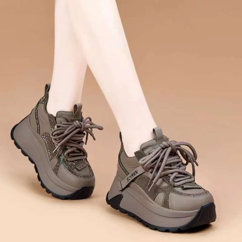 冬季爆款真皮厚底加绒老爹鞋8CM坡跟内增高运动休闲潮女鞋