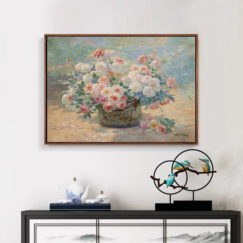 《繁花似锦》版画新款客厅餐厅玄关装饰画实木框挂画背景墙油画