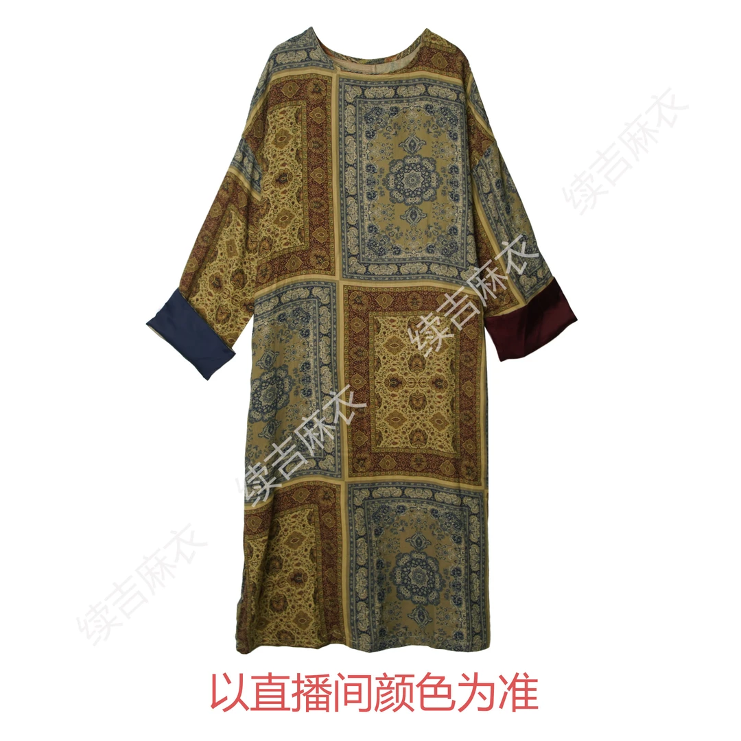 秋-续吉麻衣25-2057【几何拼块】圆领长袖气质宽松复古大袍子