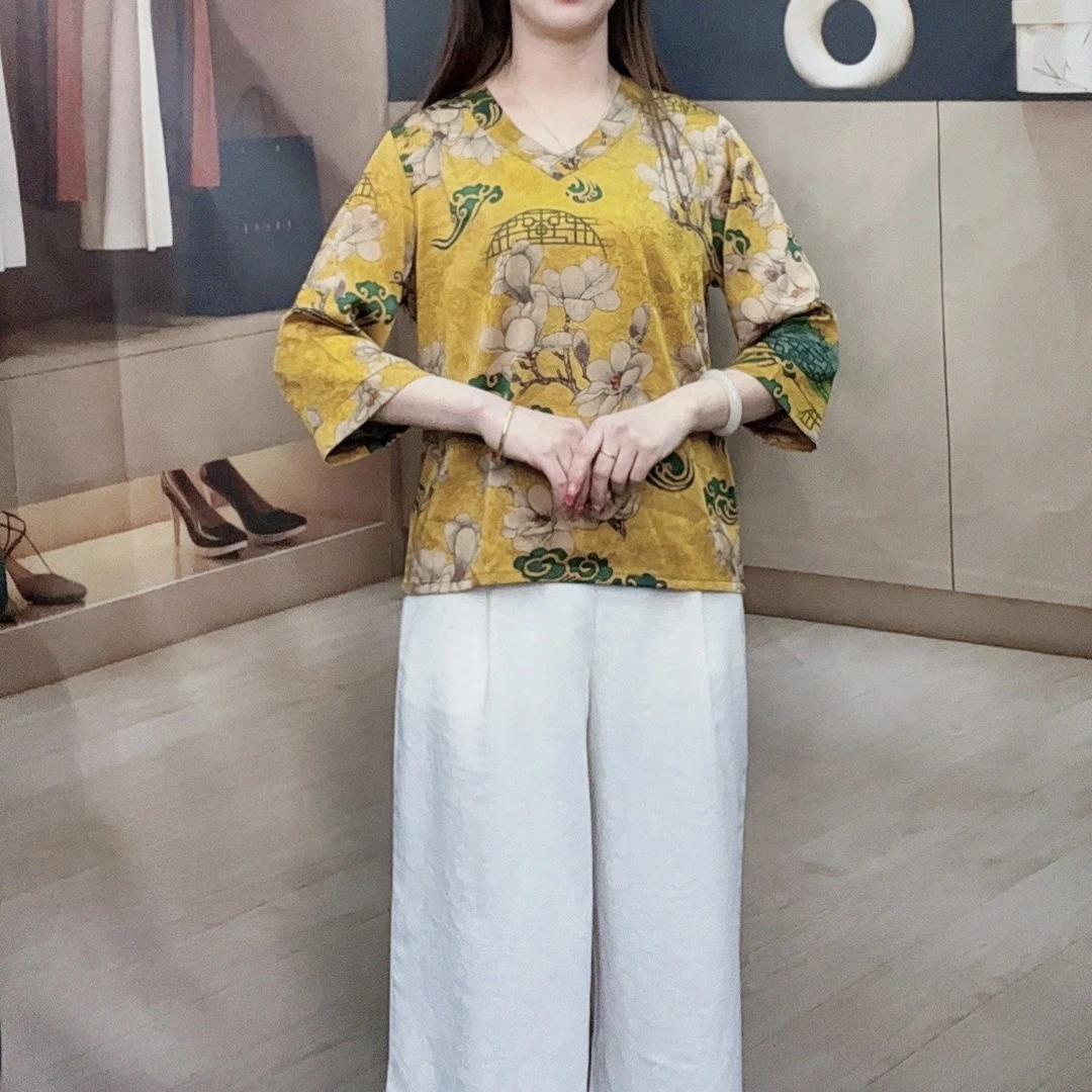 （高端V领祥云）夏季新款7分袖大码显瘦洋气减龄时尚妈妈装