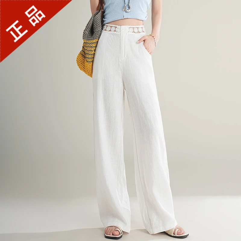 正品哥弟新款100%亚麻蕾丝腰头阔腿裤女夏季时尚高腰直筒休闲裤子