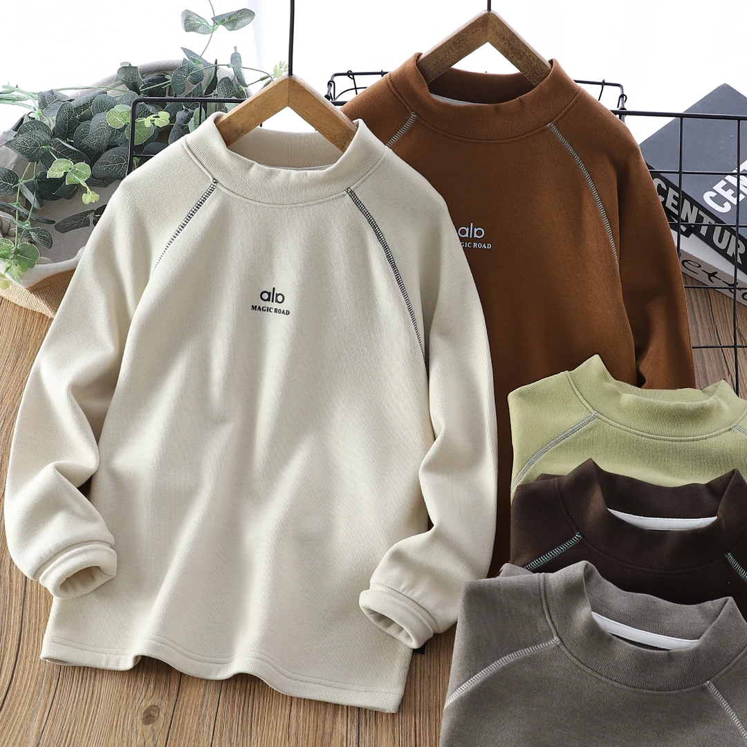 【糯糯衣】秋冬半高领T恤男童女童纯色保暖加绒儿童洋气打底衫25009