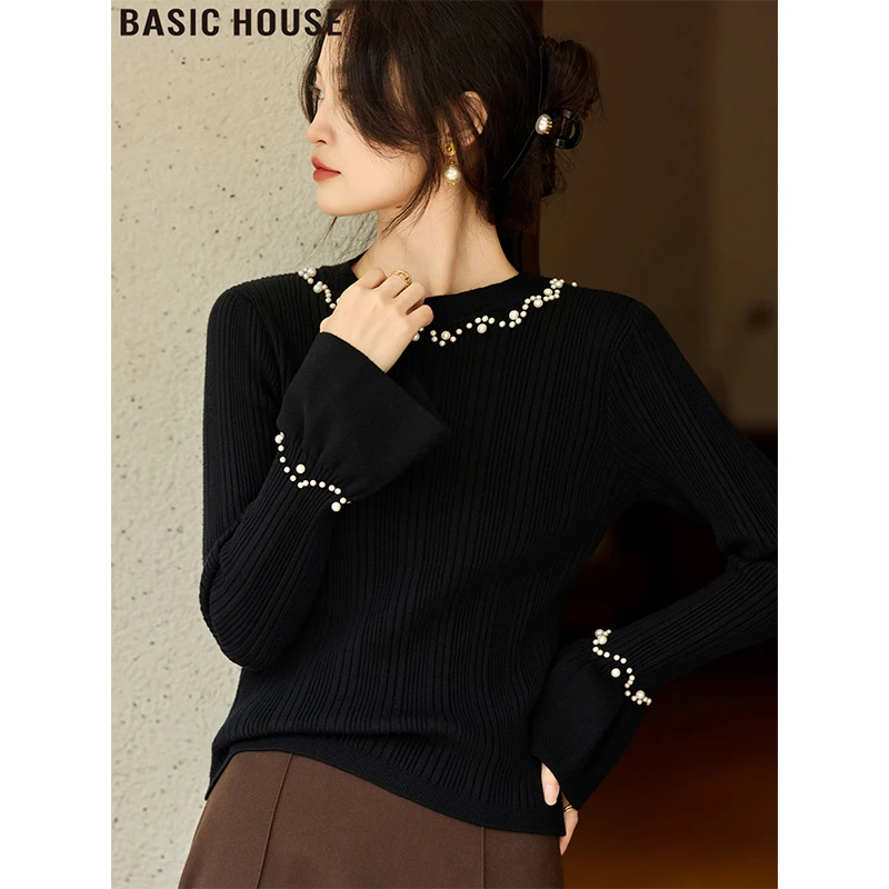 Basic House/百家好法式赫拉钉珠圆领喇叭袖打底衫慵懒针织衫毛衣
