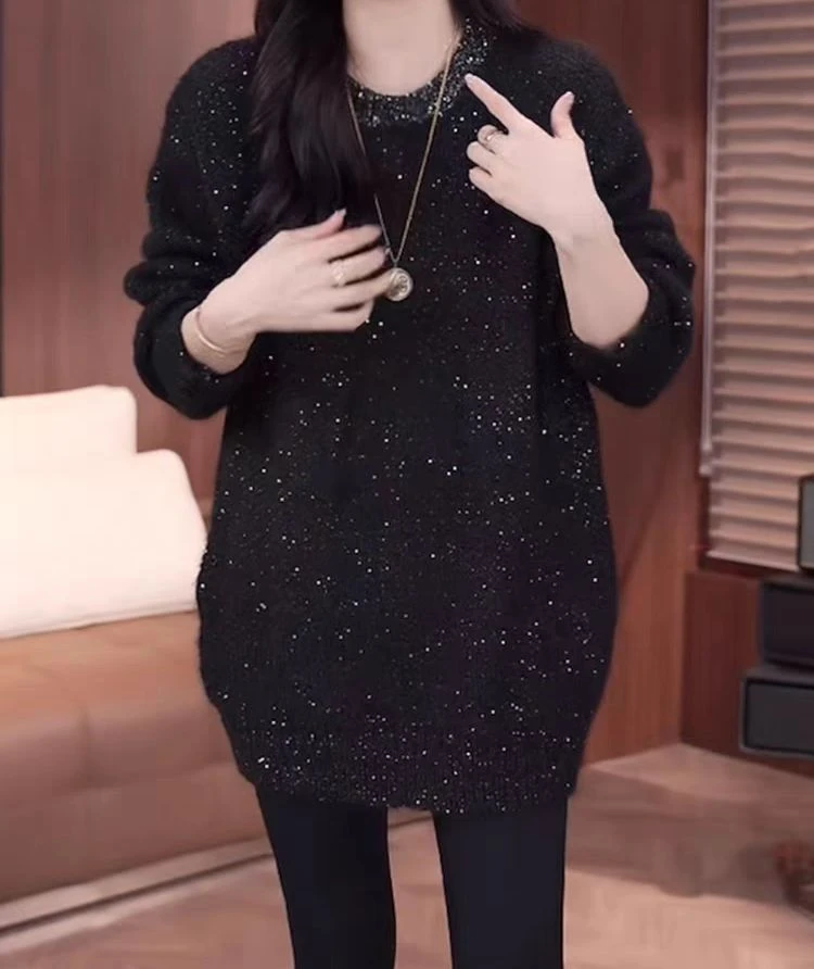 冬装新款小众设计感领口亮片慵懒风百搭宽松圆领套头毛衣针织衫女