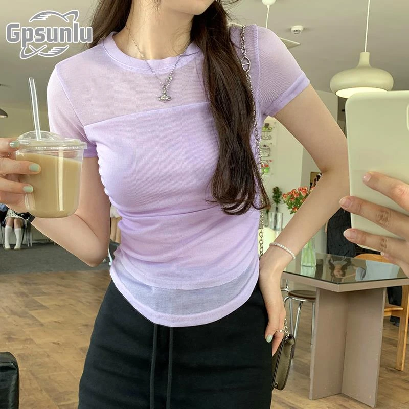 gpsunlu薄纱拼接设计感收腰抽褶显瘦正肩短袖女夏季新款独特上衣
