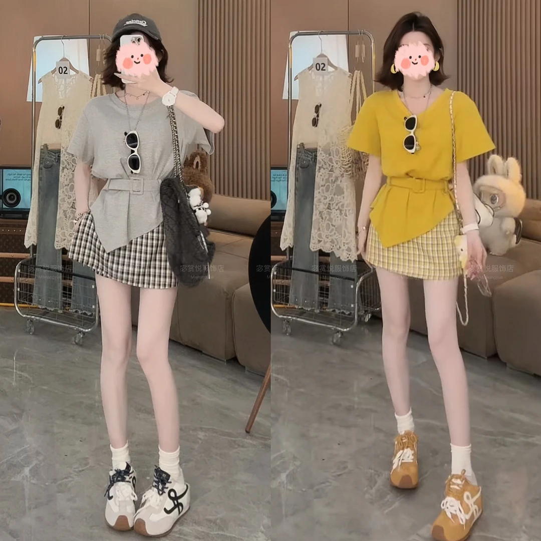 2025夏季韩系设计感斜边腰带短袖T恤上衣显瘦百搭格子半身裙套装