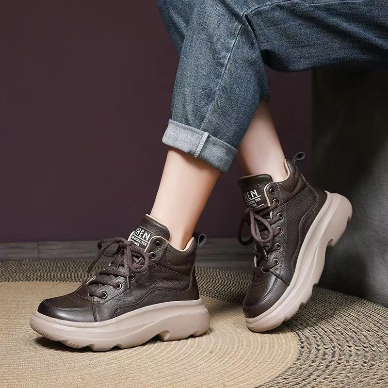 2024冬季新款头层牛皮短靴系带坡跟棉靴休闲马丁靴百搭保暖棉靴女