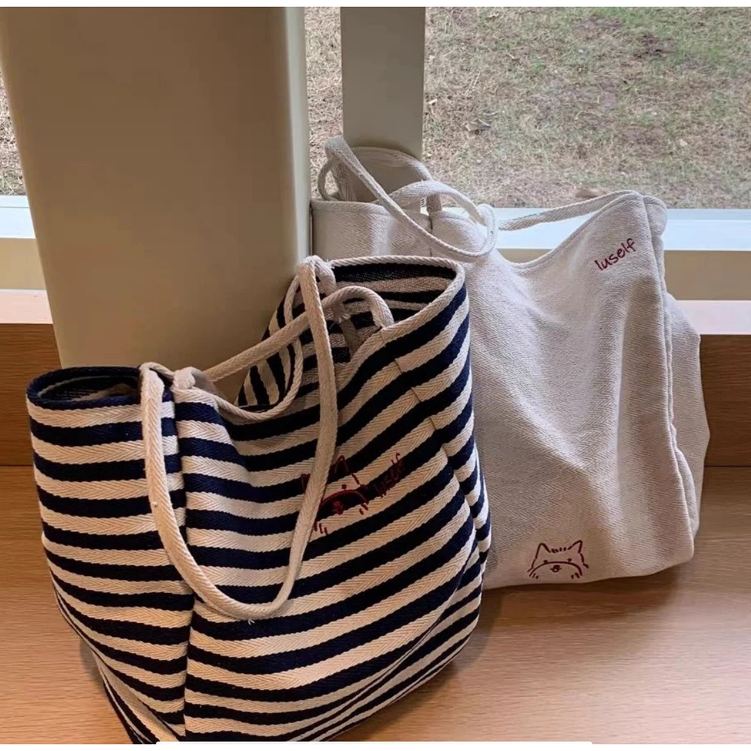 条纹帆布包“快乐小狗”小众刺绣大容量慵懒风托特包休闲购物袋