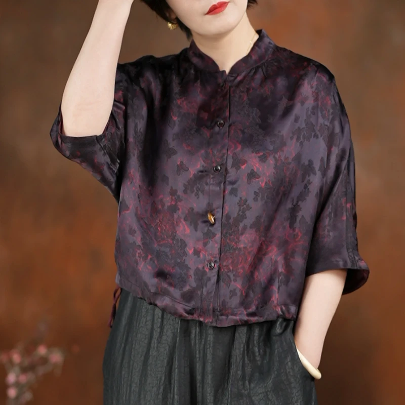 绛檀·香云纱双面穿上衣真丝100桑蚕丝宽松提花新中式衬衫2025