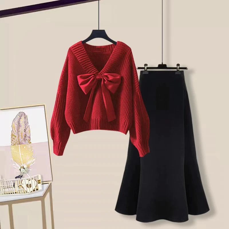 红色氛围感针织毛衣2025秋季新款蝴蝶结黑色半身裙两件套