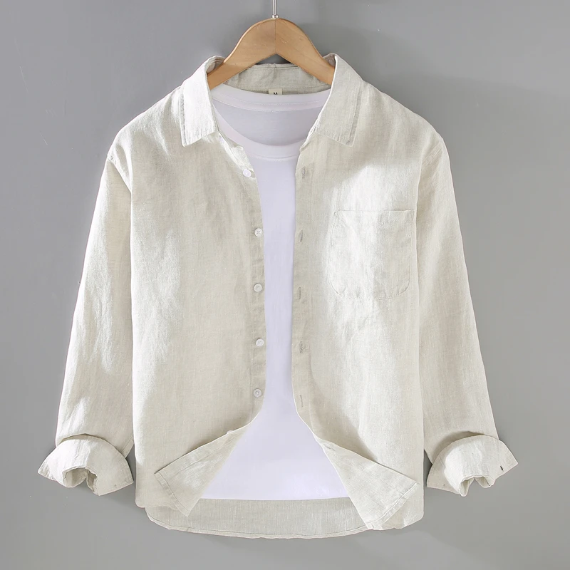春夏季亚麻料长袖衬衫男装休闲棉麻衬衣外套薄透气麻布上衣服薄款