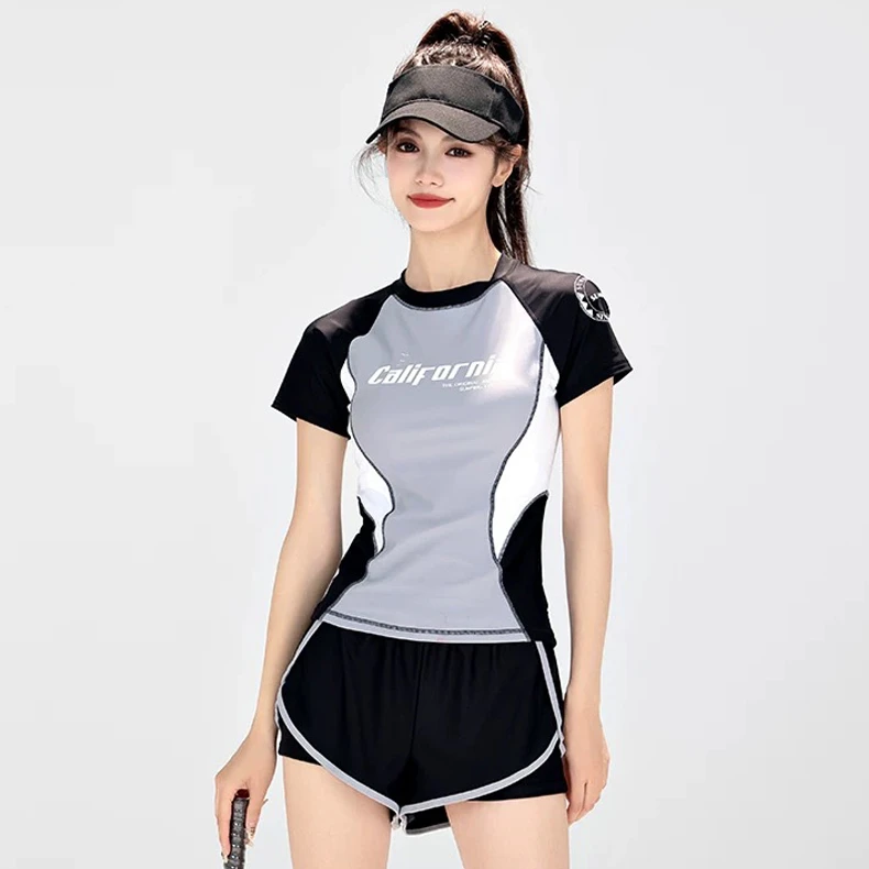 夏季新款学生微胖游泳衣女分体短袖遮肚带胸垫防走光上课训练泳装