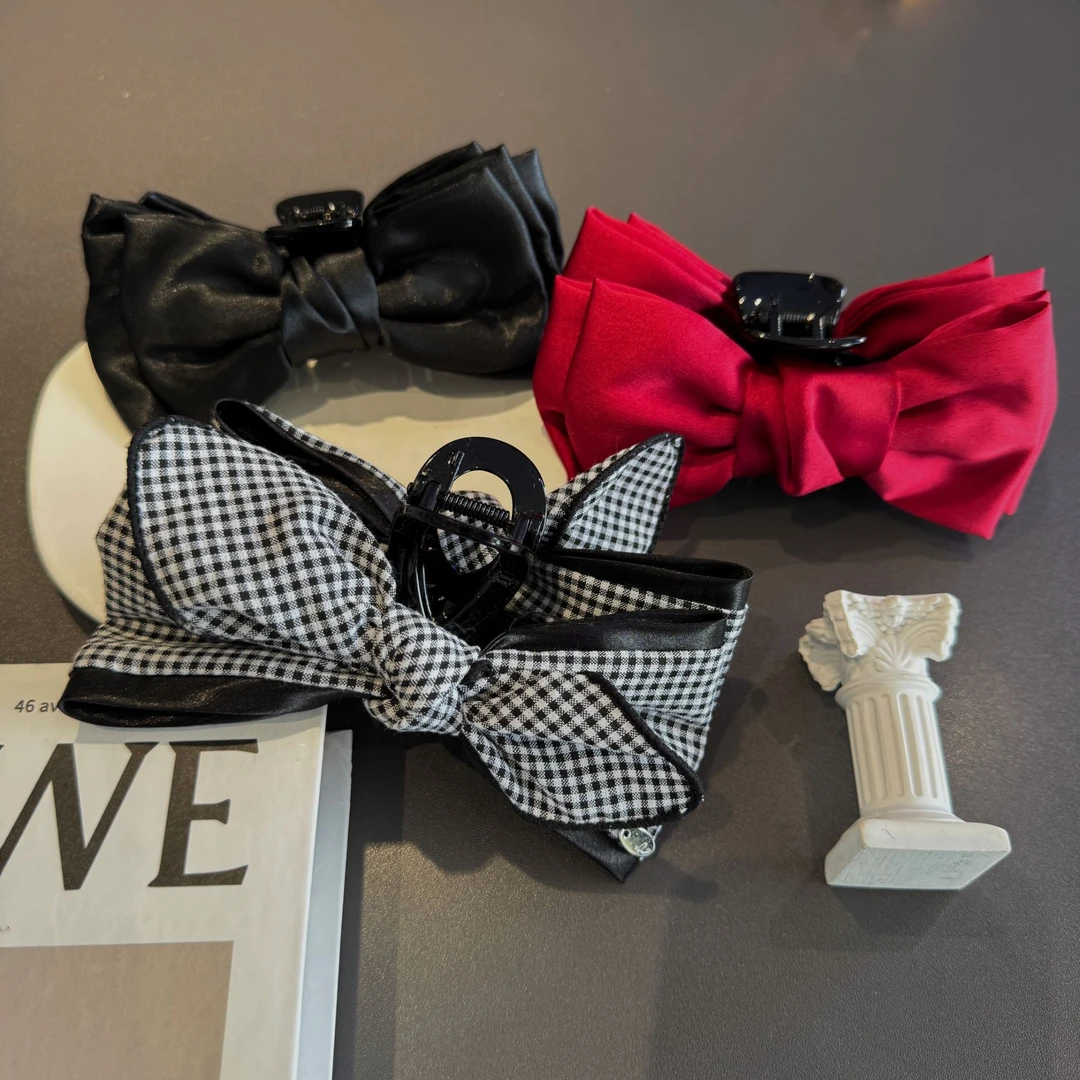 复古黑 红 格子蝴蝶结鲨鱼夹子气质布艺发夹显发量盘发抓夹百搭