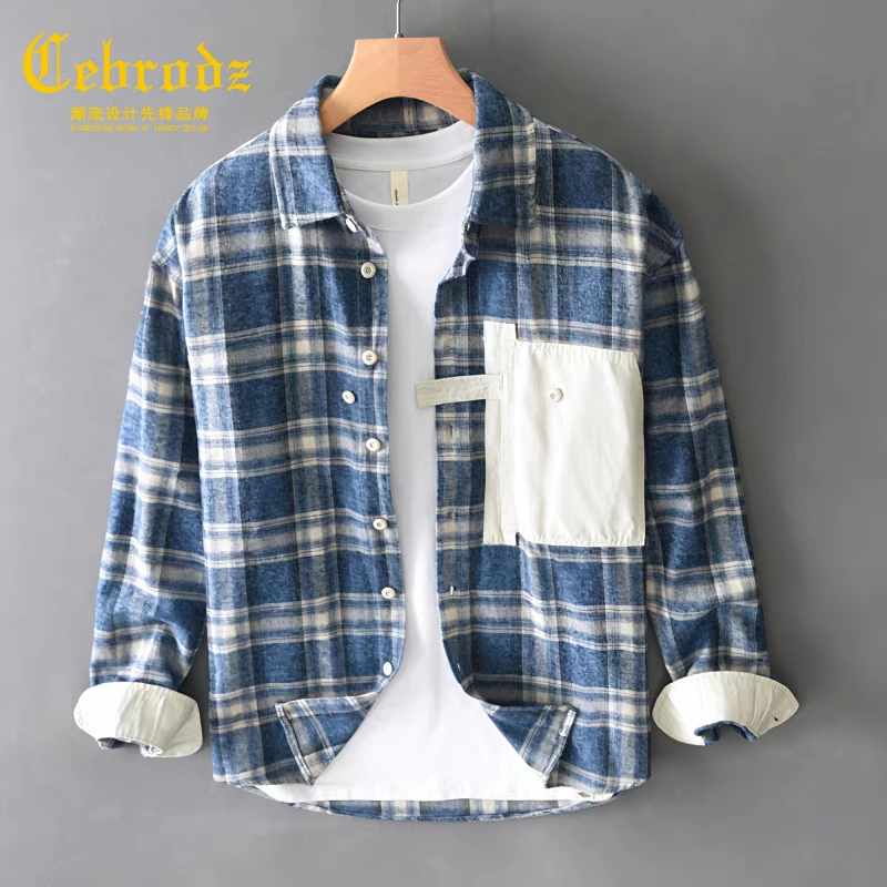 法国Cebrodz个性撞色拼接格子衬衫男长袖春秋季潮流时尚纯棉衬衣