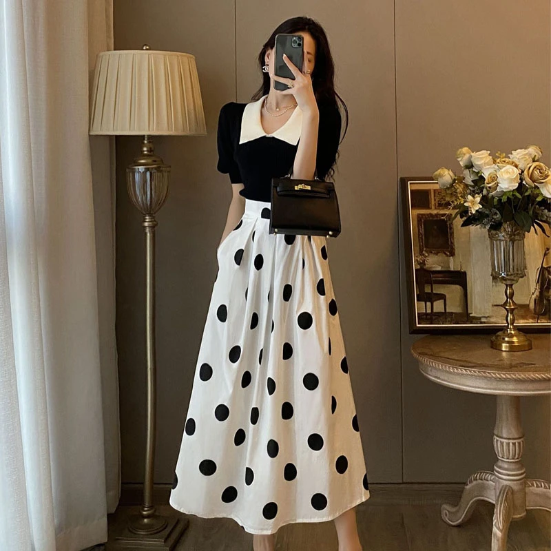时尚法式赫本风气质高腰显瘦波点半身裙洋气温柔泡泡袖上衣两件套