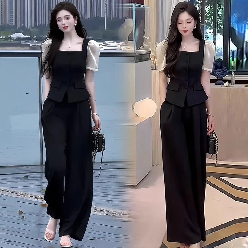 高级感赫本风时尚套装女夏季新款小个子气质收腰显瘦阔腿裤两件套
