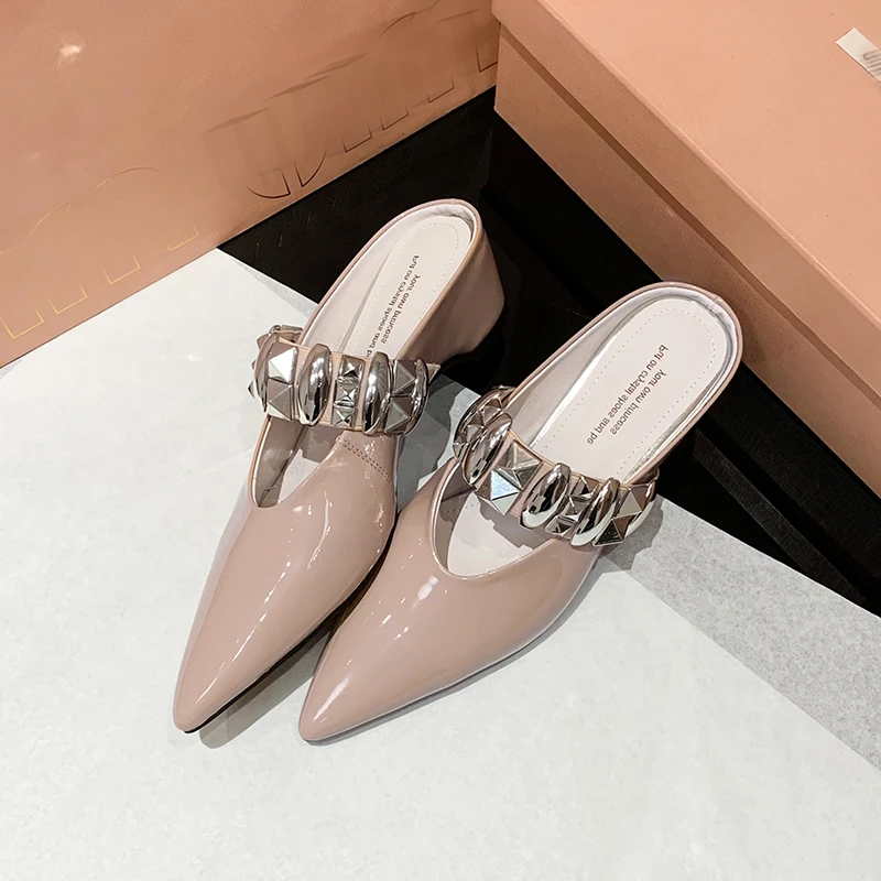 羊皮/5cm法式内增高半拖鞋外穿银色时尚尖头坡跟凉鞋夏季百搭女鞋