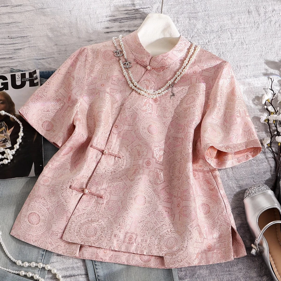 夏季宽松显瘦日常短袖提花上衣优雅中国风复古气质新中式唐装衬衫