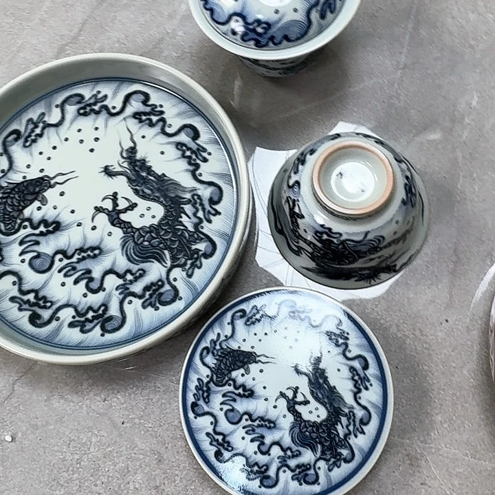 瓷片青花鱼化龙4件套景德镇