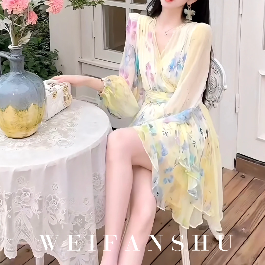 WEIFANSHU/魏凡舒【江南花坊】短款桑蚕丝连衣裙夏季轻奢高端女装