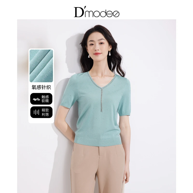 黛玛诗2025夏季新款气质通勤镶钻V领针织短袖毛衣百搭女士上衣T恤