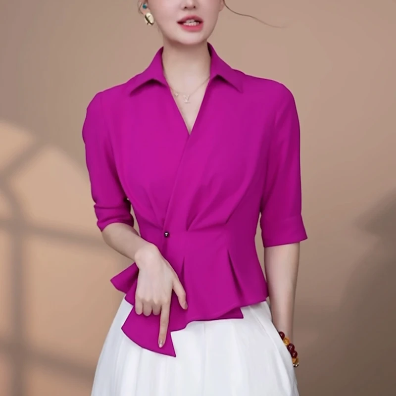 收腰显瘦洋气短袖衬衫2025夏季新款法式V领女短款减龄设计感上衣